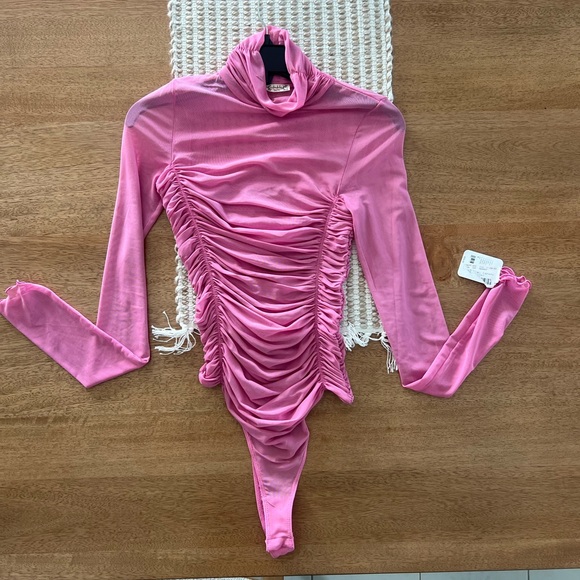 Free People Tops - Free People Intimately Pink Ruched Mesh Long Sleeve Bodysuit Small